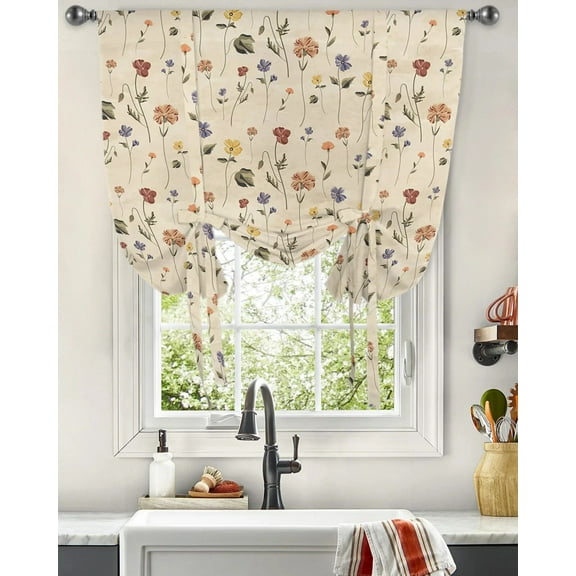 Retro Floral Wildflowers Window Curtain Tie Up Curtains for Kitchen Living Room Adjustable Rod Pocket Drapes