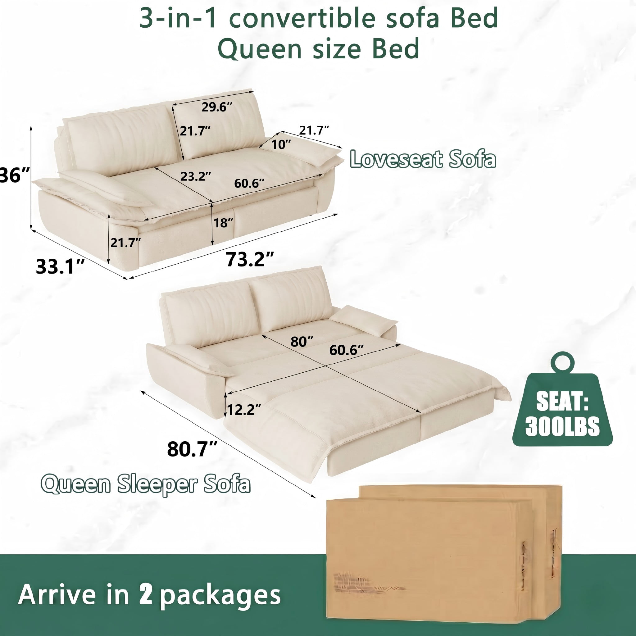 Multi-Functional Velvet 3-in-1 Convertible Sofa Bed, Queen Size Sleeper Loveseat with 2 Pillows, Beige