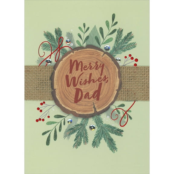 Designer Greetings Wide Brown Mesh Ribbon and 3D Tree Stump Over Pine Needles on Light Green Hand Decorated Christmas Card for Dad from Daughter