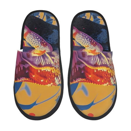 Balery Colorful Gecko Jungle Art Slient Indoor Furry Fleece Comfort House Shoes Soft Non-Slip Home Shoes Cotton slippers House Slippers-- Medium