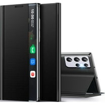 for Samsung Galaxy S21 Ultra 5G Case Clear View Window Smart Slim for Samsung S21 Ultra Case Luxury Mirror Hard PC Kickstand Leather Flip Shockproof Galaxy S21 Ultra Cover (Black)