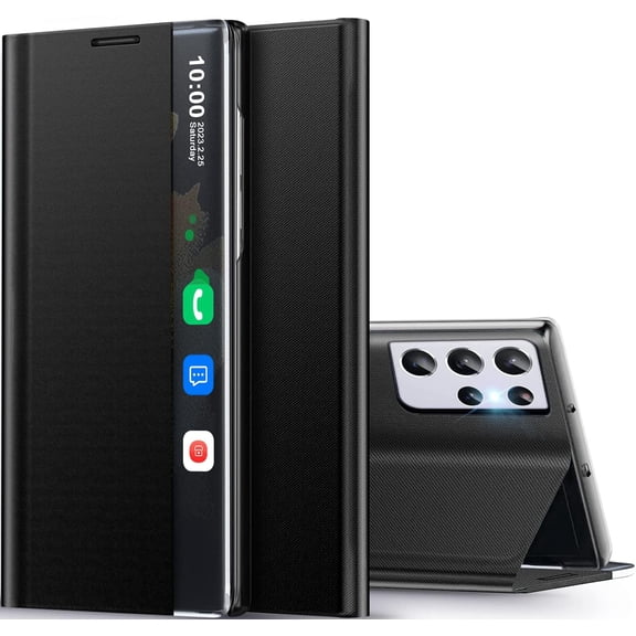 for Samsung Galaxy S21 Ultra 5G Case Clear View Window Smart Slim for Samsung S21 Ultra Case Luxury Mirror Hard PC Kickstand Leather Flip Shockproof Galaxy S21 Ultra Cover (Black)