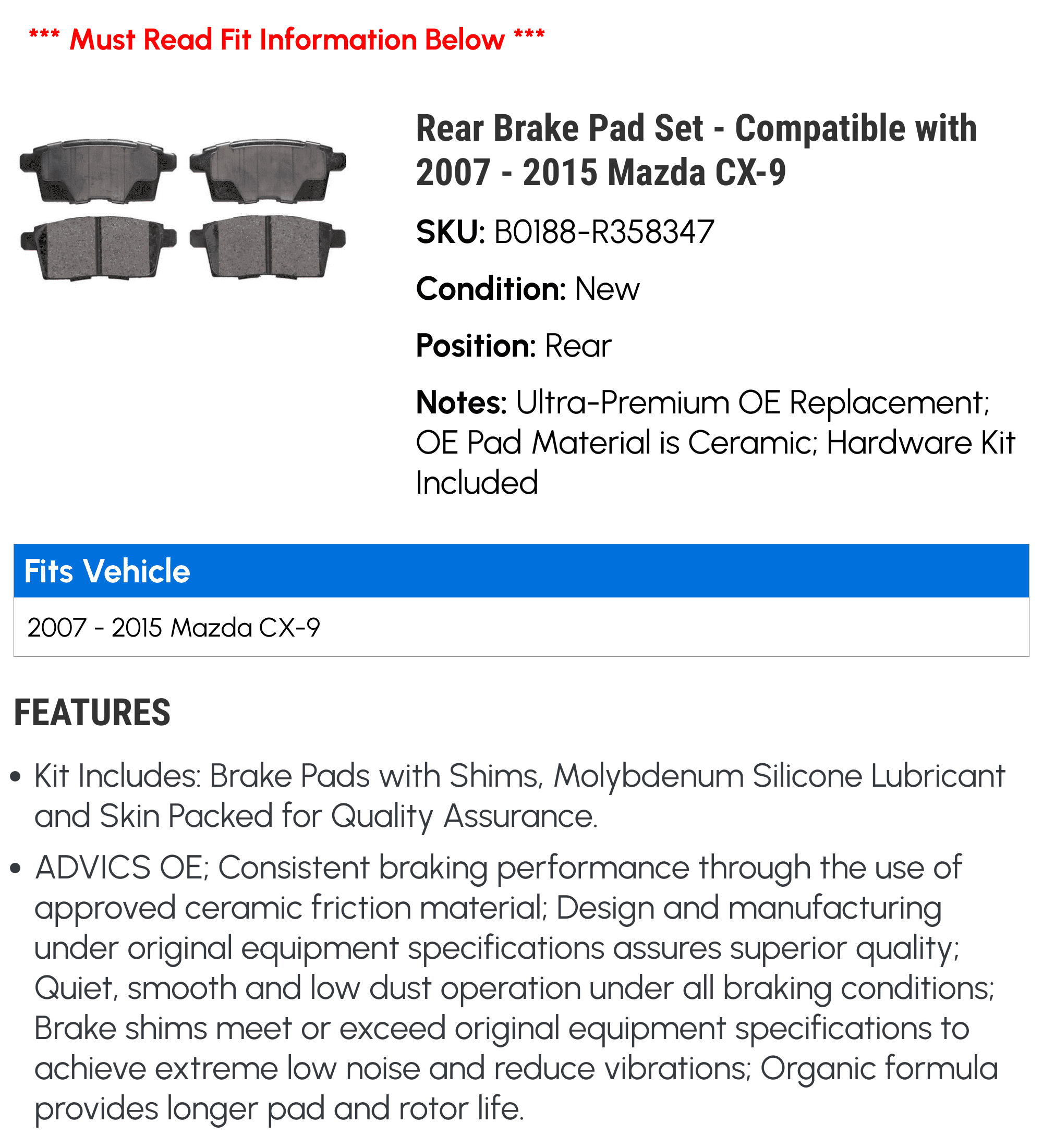 Rear Brake Pad Set - Compatible with 2007 - 2015 Mazda CX-9 2008