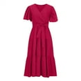 thumbnail image 3 of QLEICOM Women's Summer Wrap V Neck Solid Color Dress Women Short Sleeve Ruffle Beach Loose Dress Plus Size Flowy High Low Maxi Dress Bohemian Beach Dress with Belt Pink S, 3 of 6