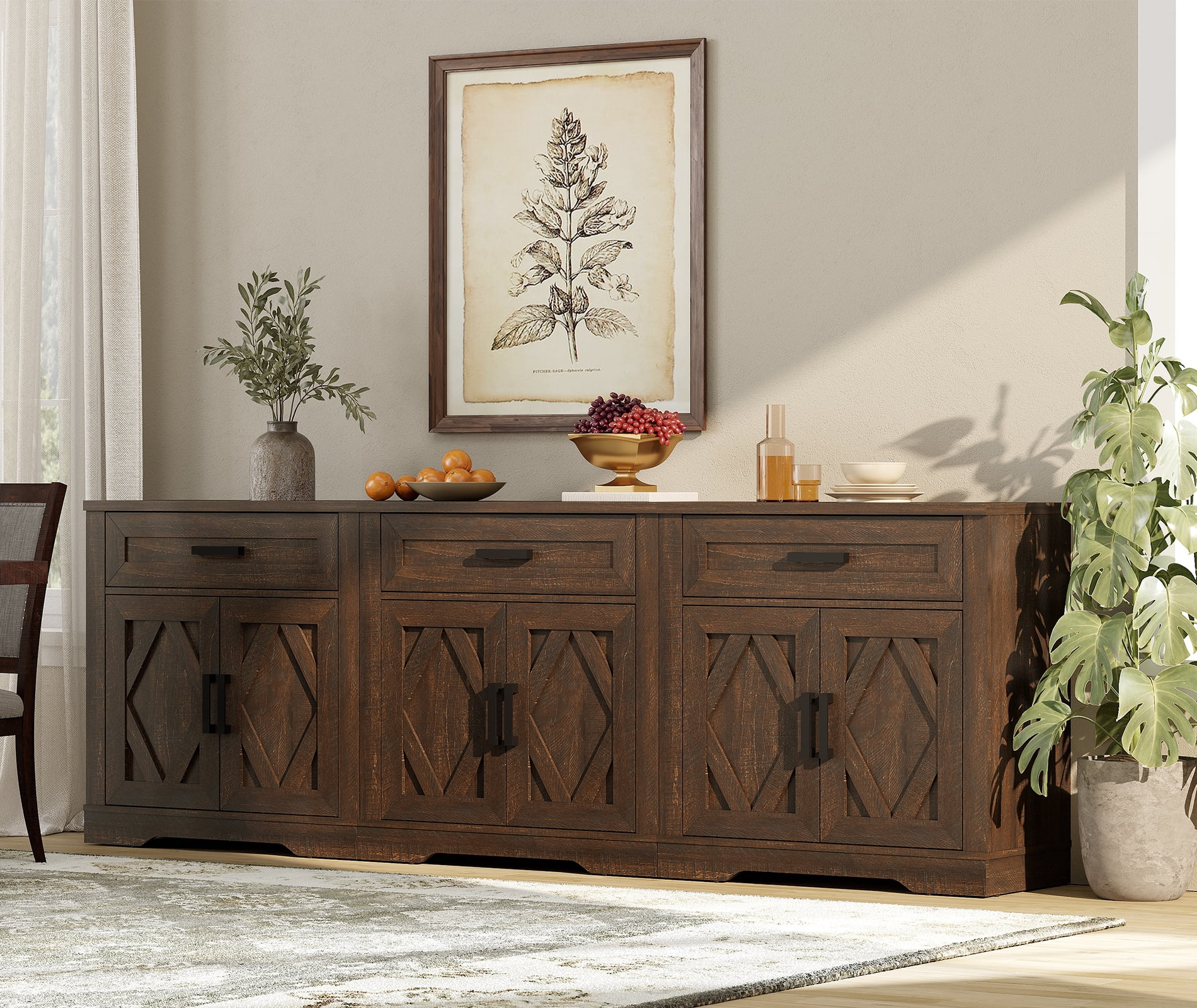 WAMPAT 94.5"W Farmhouse Buffet Sideboard with Barn Doors, Drawer & Storage, Brown