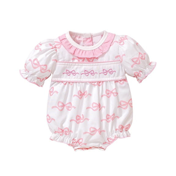 Staki Baby Girl Bow Print Bubble Romper Newborn Short Sleeve Ruffle Cotton Onesie Cute Summer Outfit Clothes 3M 6M 9M White,6-12 Months