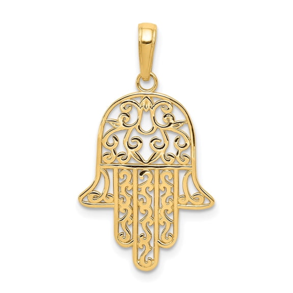 14k Yellow Gold Hamsa Hand Pendant with Filigree Design for Women, Spiritual Amulet Necklace Symbolizing Protection, Fortune, and Luck, Middle Eastern Cultural Jewelry