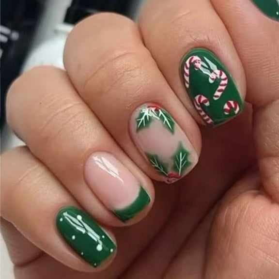 24PCS Winter Holiday Fake Nail Short Square ABS 3D Candy Cane Design Festive Press On Nail Easy Application MultiSize