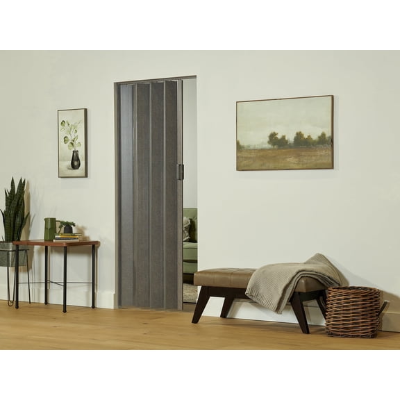 Spectrum Elite 36 in. x 96 in. Vinyl Accordion Folding Closet Door, Retractable Room Divider, Trim to Fit, Reversible, Grey Linen