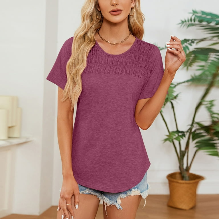 JGGSPWM Women's 2025 Trendy Summer Short Sleeve Smocked Crewneck