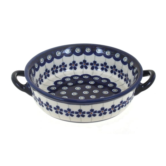 Blue Rose Polish Pottery Flowering Peacock Small Baker with Handles