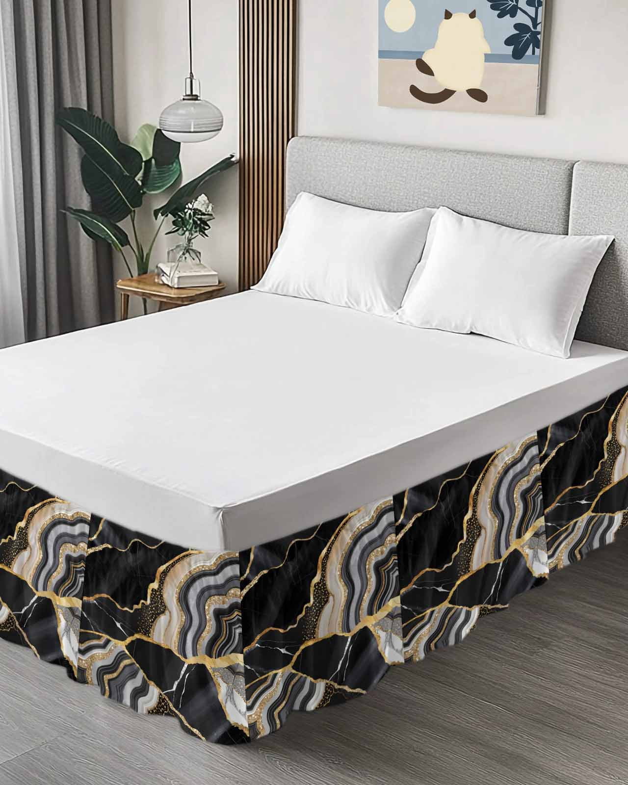 Black Gold Marble Bed Skirt Glitter Geometric Marble Foil Texture Bed Skirts King Size 16 Inch Drop, Wrap Around Dust Ruffle&nbsp;Bedskirt with Adjustable Elastic Belt for Queen Size Beds