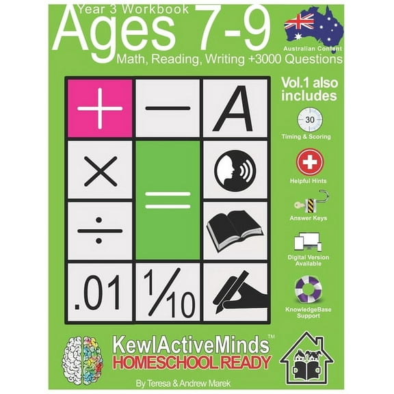 Year 3 Workbook, Ages 7-9 Math, Reading, Writing - Vol1,  3000 Questions: Australian Content, Answer Keys, Timing and Sc, (Paperback)