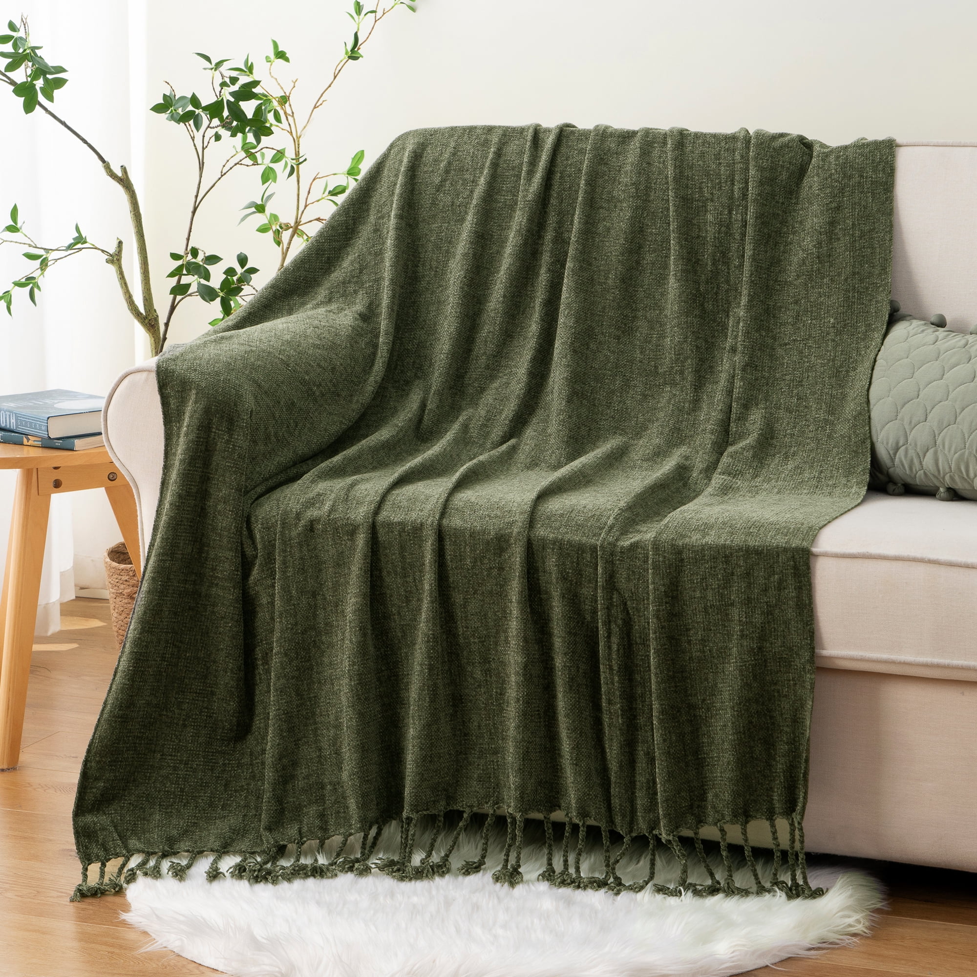 Battilo Olive Green Throw Blanket for Sofa Bed, Soft Cozy Chenille Blankets with Fringe Tassels,50"x60"
