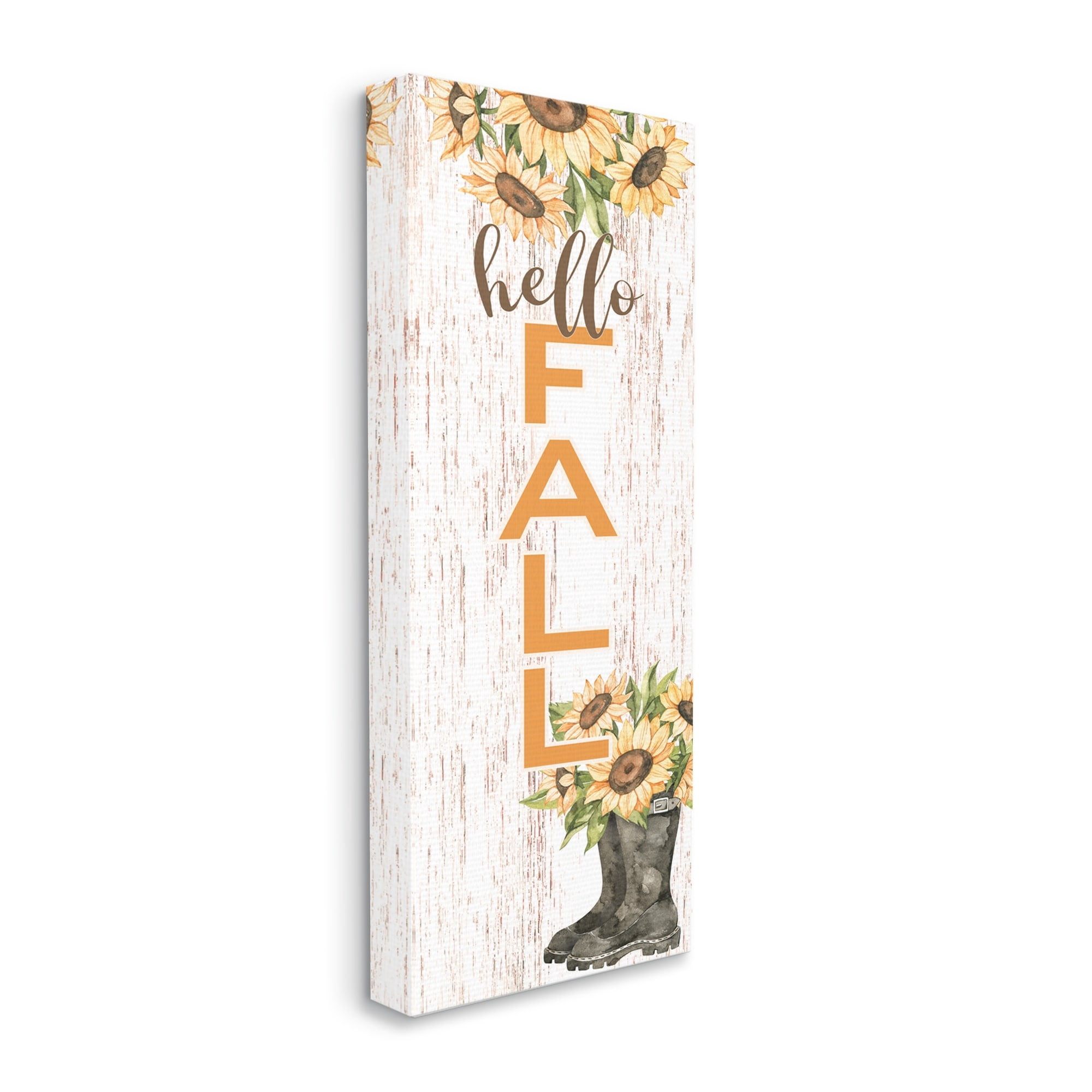 Hello Fall Vertical Typography Autumn Sunflower Blooms Botanical & Floral Graphic Art Gallery-Wrapped Canvas Print Wall Art