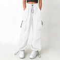 thumbnail image 2 of ZHANGDER Girls Cargo Pants Elastic Waist Drawstring Y2K Trousers with Pockets Wide Leg Jogger Pants, White 12-13 Years, 2 of 7