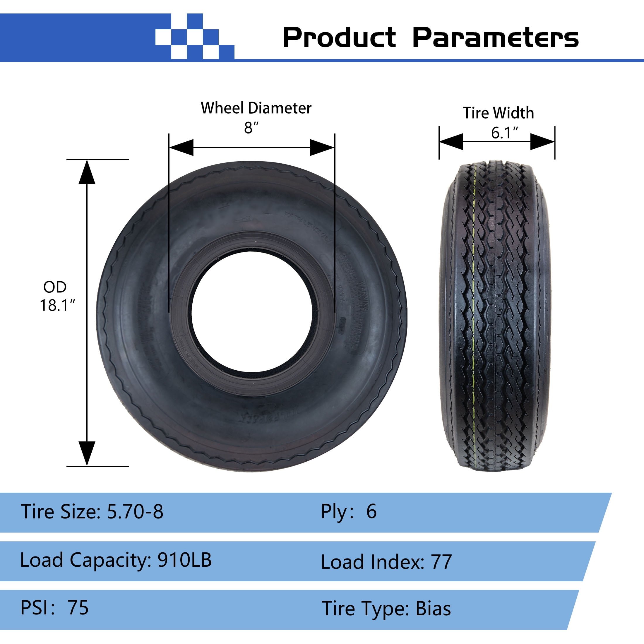 Hi-Run 2 Set SU02 5.70-8 6PR Boat Trailer Tire Fits 570-8
