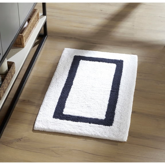 Better Trends Bathroom Rug 100% Cotton Reversible Machine Washable Super Soft, Plush & Absorbent Bath Rugs Suitable for Bathroom Floor, Tub, Shower 21" x 34" White & Navy Hotel Collection