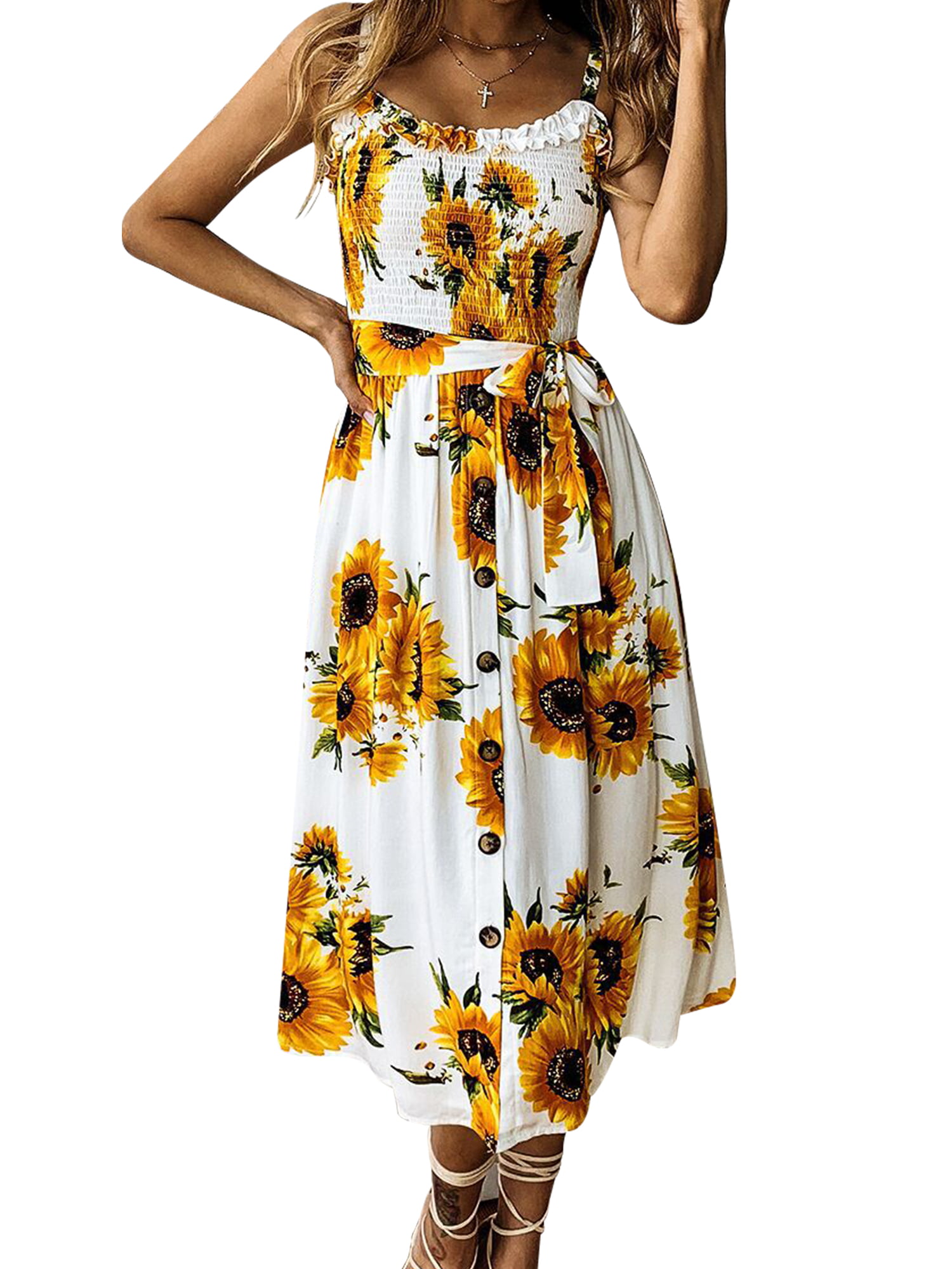 Dresses for Women Sunflower Print Midi Dress Button Down Spaghetti Strap Casual V Neck Tank Sundress 