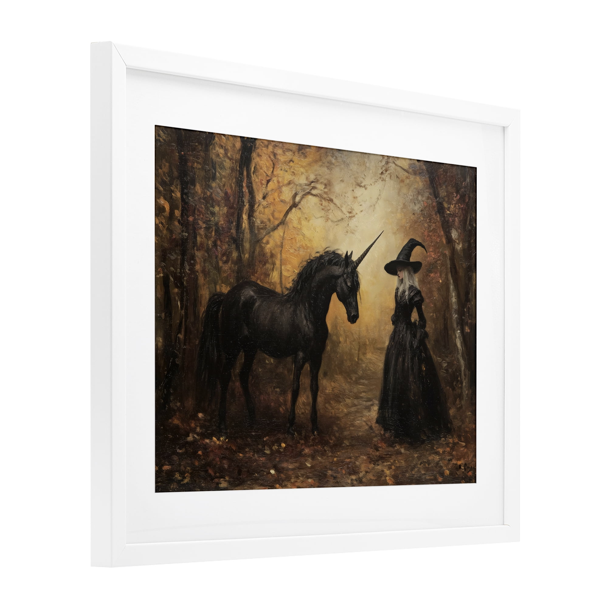 Witch & Black Unicorn White Framed Print Under Glass, design by Arlington Prints