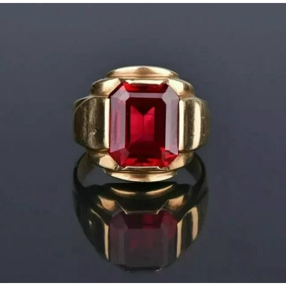 Simulated Red Garnet 2Ct Emerald Cut 14K Yellow Gold Plated Men's Solitaire Engagement Ring