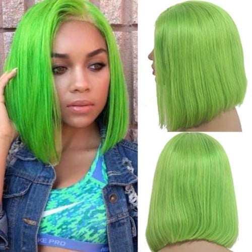 13×4 Lace Front Wigs Short Bob Wigs Green Colored Wig Virgin Human Hair Pre Plucked Natural Hairline Lace Frontal Wigs Brazilian Hair Wigs Bleached Knots