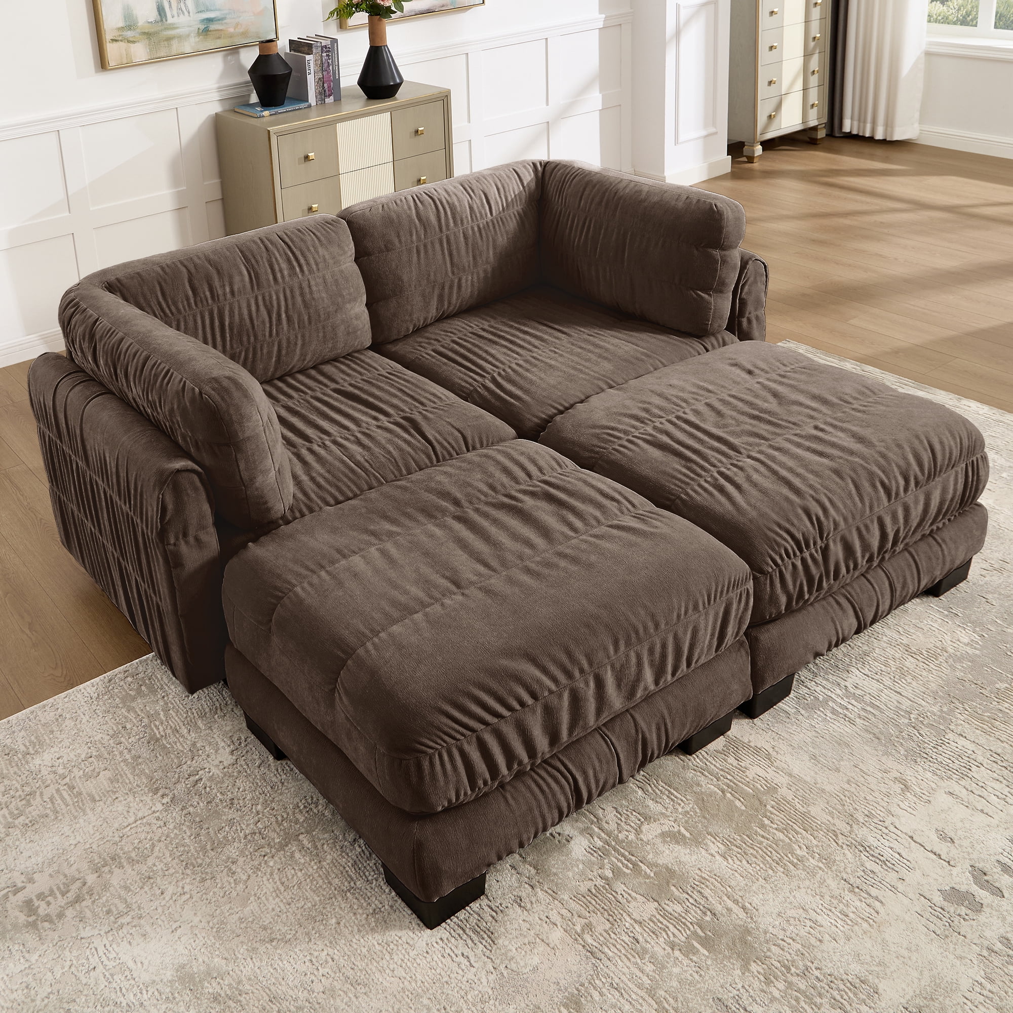 78" 2 Seat Chenille Modular Sectional Sofa with 2 Movable Ottoman and L Shape Back Cushions,Easy Assembly