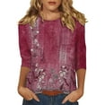 thumbnail image 2 of Women T Shirts 3/4 Length Sleeve Womens Tops Casual Loose Fit Crewneck T Shirts Cute Solid Three Quarter Length Tunic Tops,Red Women Blending Shirts S, 2 of 5