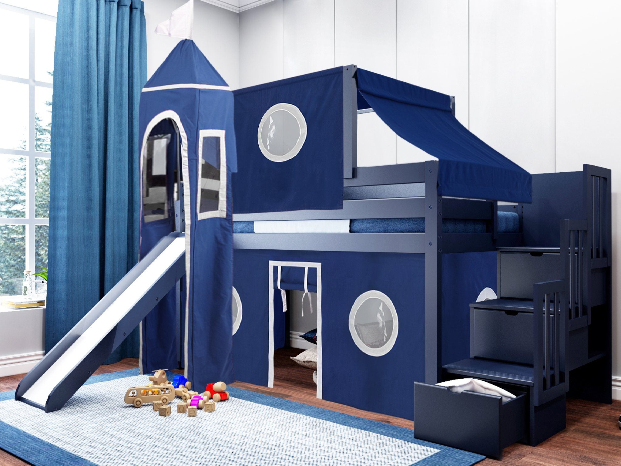 Jackpot Castle Low Loft Stairway Bed with Slide Blue & White Tent and
