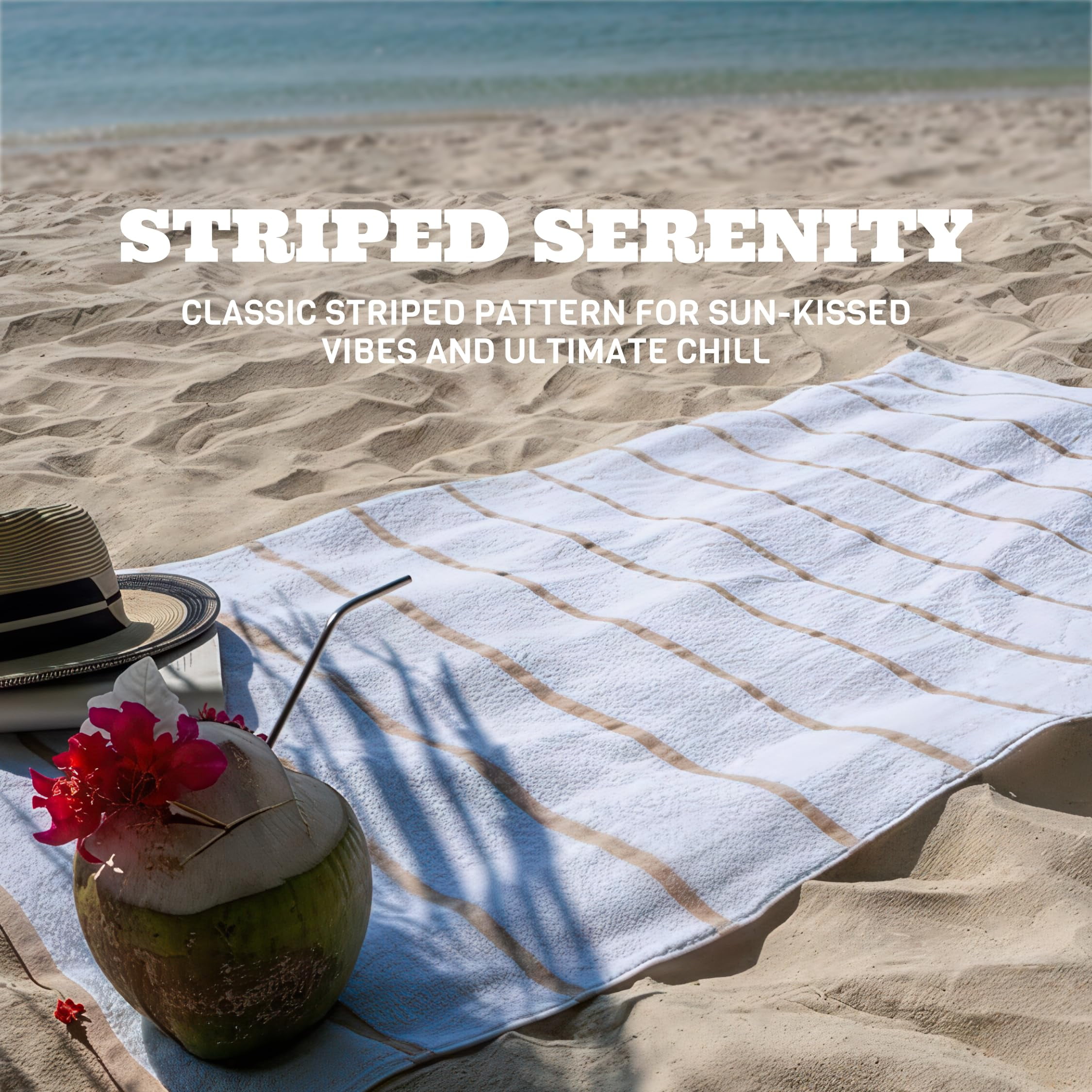 White Classic Luxury Cream Beige Striped Cotton Beach Towels, 35 x 70, 3 Count