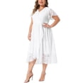 thumbnail image 4 of Agnes Orinda Women's Plus Size Floral Lace Dresses Double Layered Faux Wrap V Neck Short Sleeve Flowy Cocktail Midi A Line Dress 1X Raw white, 4 of 5