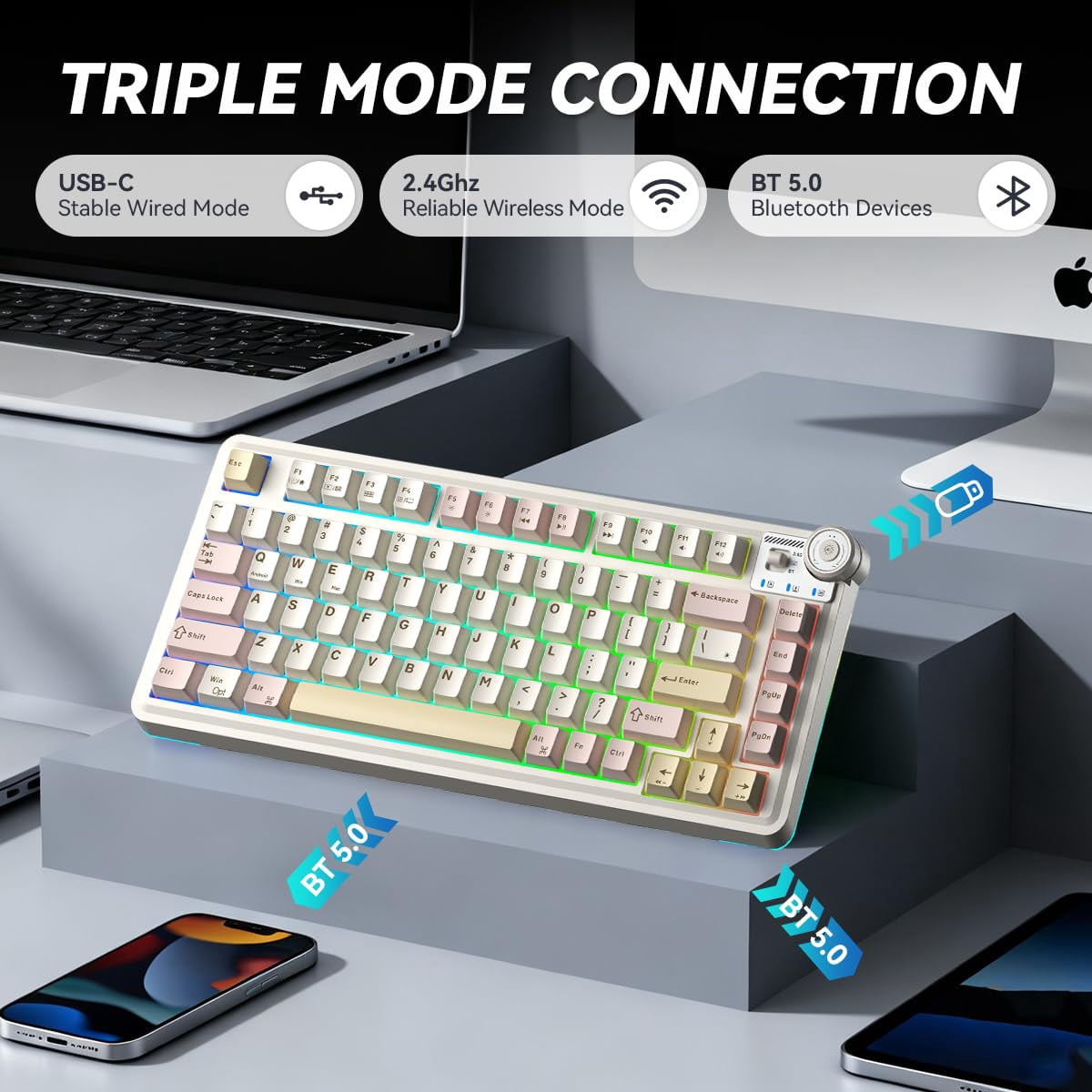 Aula AU75 Wireless Mechanical Keyboard, Hot Swap Gasket Gaming Keyboard with Knob, 4000mAh, 75% Five-Layer Padding PBT Keycaps, Pink