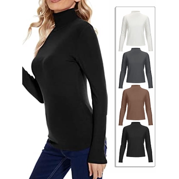 Camiseta de manga larga con cuello alto para mujer, sin costuras, elástica, de cuello alto, ajustada, capa base (blanca, XL)