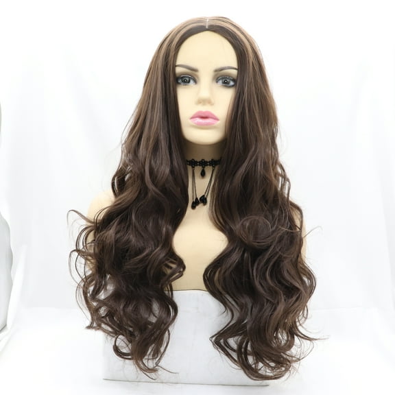 Brown Synthetic Wig Middle Part Long Wavy Wigs for Women Full Machine Made Wig 24 Inches