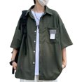 thumbnail image 2 of Camisa con cuello vuelto para hombre Bolsillo en el pecho Medias mangas Blusa informal holgada con cierre de botón Verde XL, 2 of 8