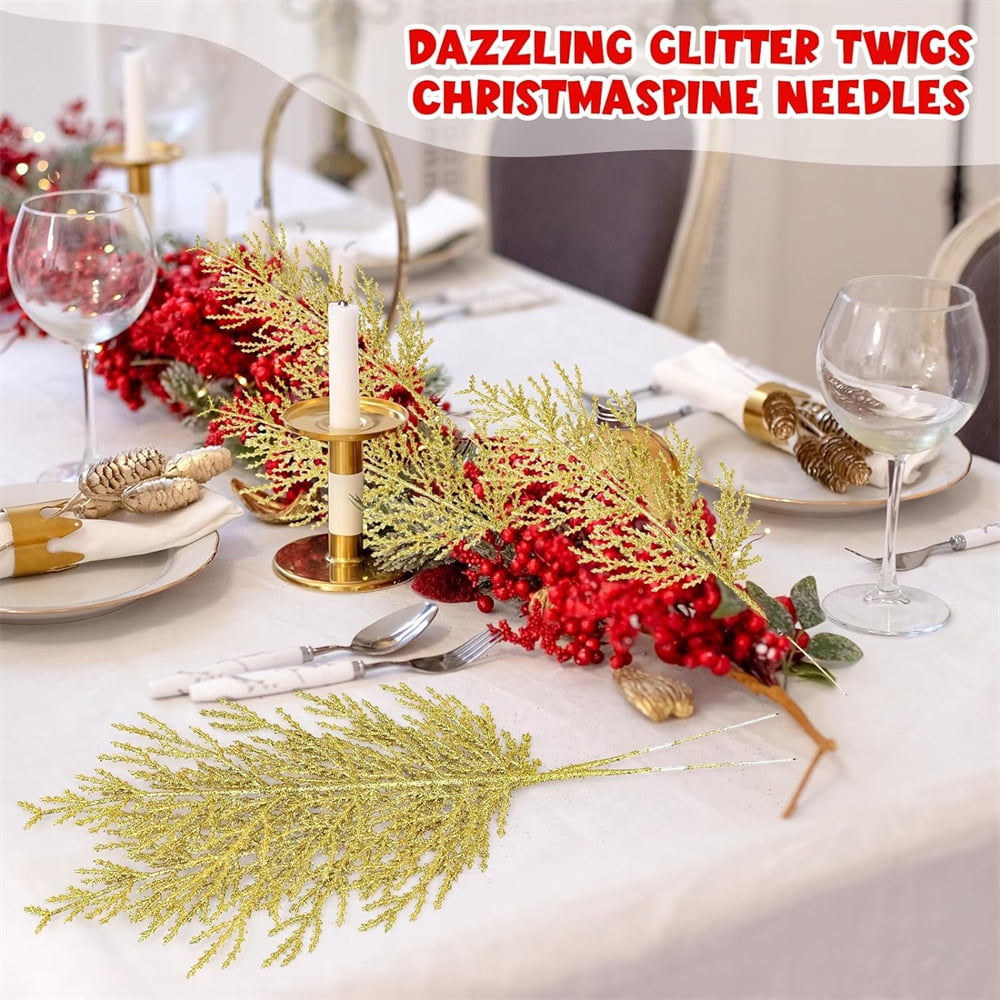 NOGIS 24 Pcs Christmas Gold Artificial Pine Branches- 14" Glitter Fake Foliage Pine Stems Picks- Silver Leaves Artificial Pine Needles for DIY Christmas Wreath Home Decoration