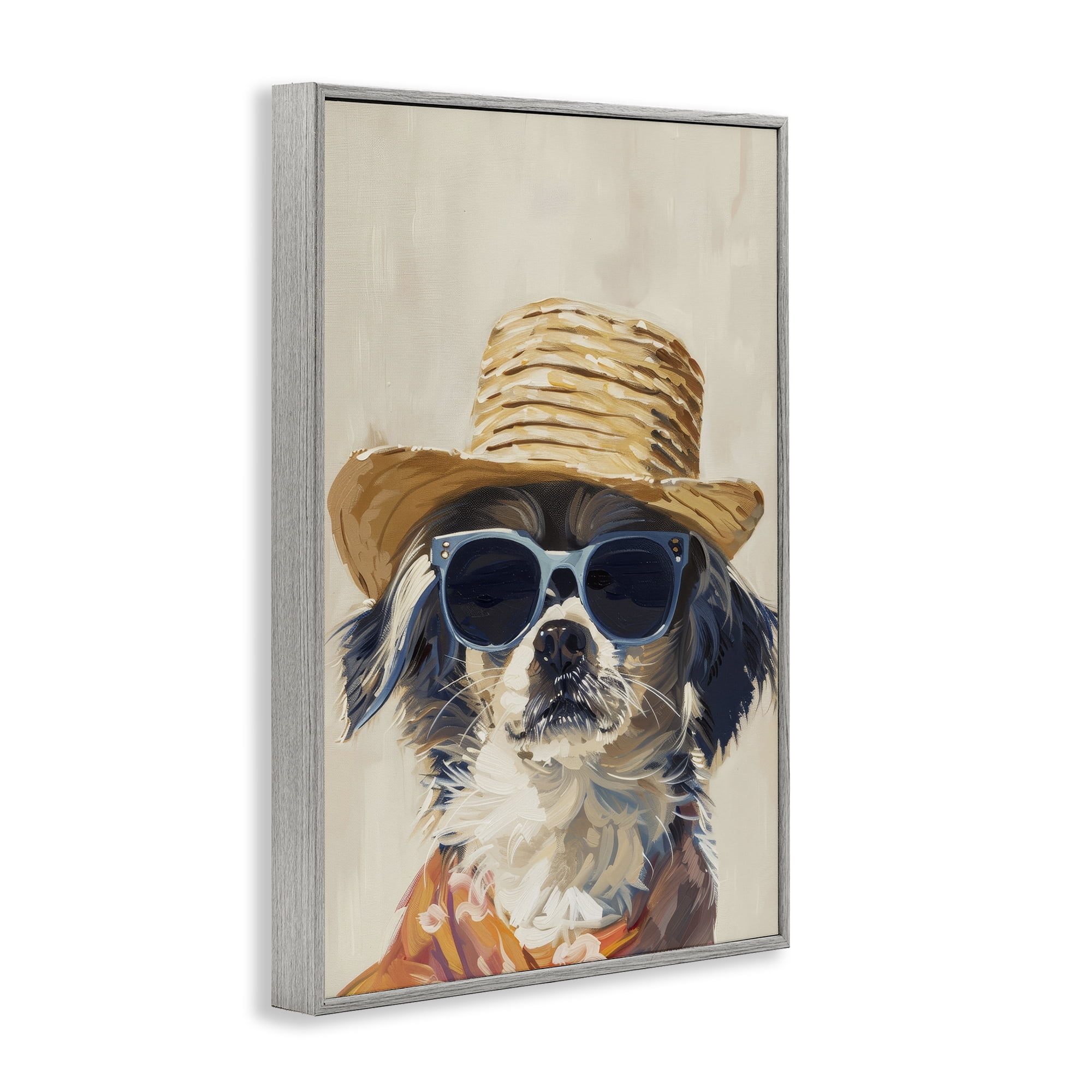 Stupell Industries Beach Vacation Pup Animals & Insects Painting Gray Framed Art Print Wall Art, 12 x 18