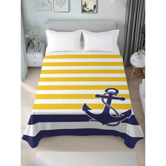 Yellow Striped Twim Size Flat Sheet, Wrinkleproof & Fadeproof Cooling Flat Bed Sheet Only, Navy Blue Nautical Anchor Geometric Breathable Soft Bedding Top Sheets 66 x 96 Inches