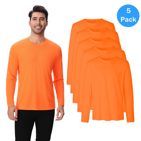 High Visibility Long Sleeve Shirt for Men, 100% Polyester, Hi Vis Quick Dry Moisture-Wicking Sports Shirt, Safety Neon Orange, 5 Pack, S
