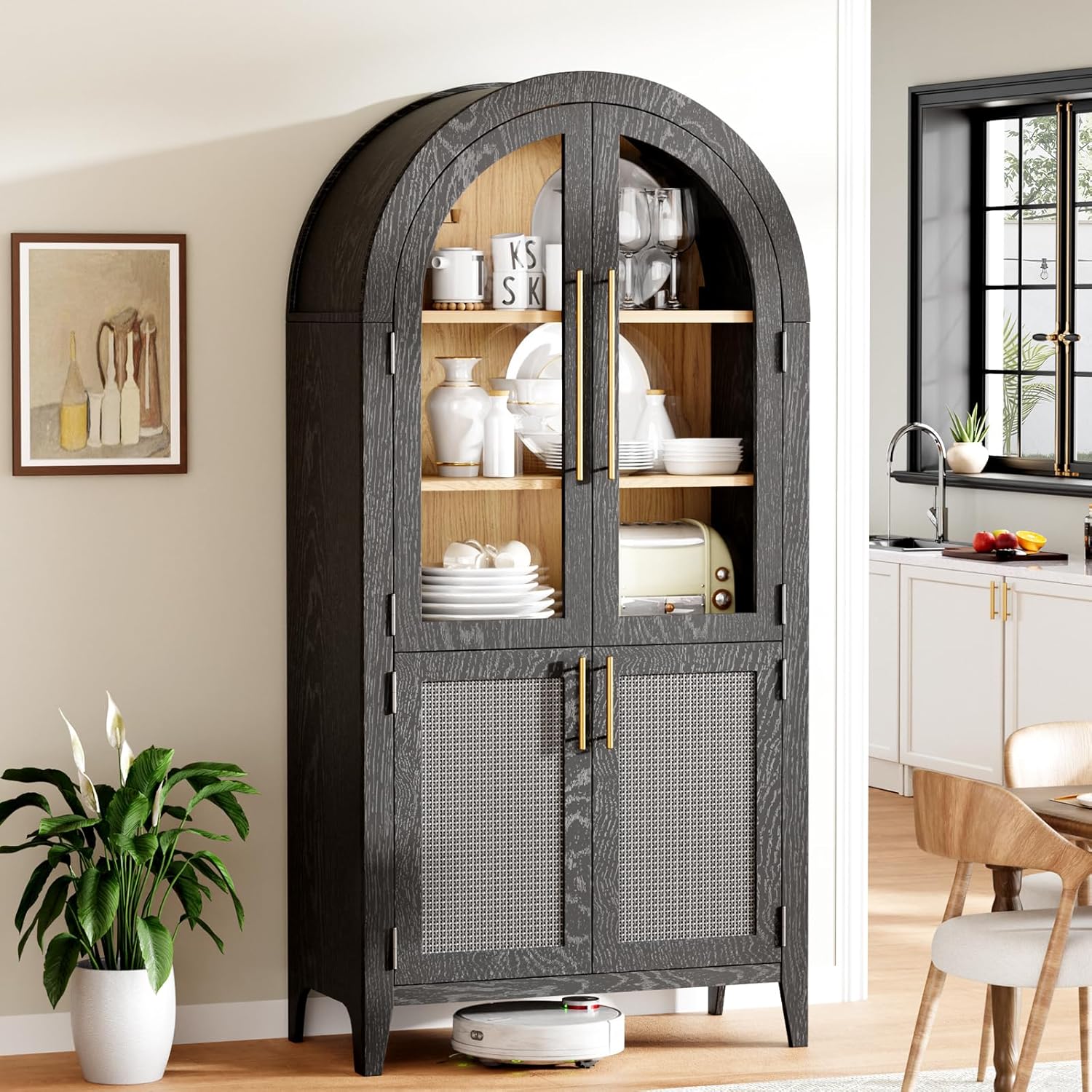 MAYEERTY 63"H Arched Accent Cabinet, Wood Kitchen Storage Cabinets with Glass Rattan Door and Adjustable Shelf for Living Room, Dining Room, Black