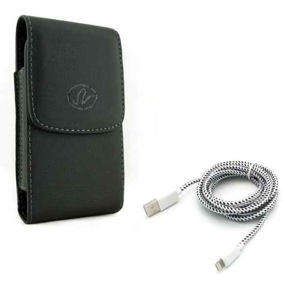 Leather Case Belt Clip w Charger Cord 6ft USB Cable for #model_series - Holster Cover Pouch Vertical Carry and Power Wire Braided Long Sync