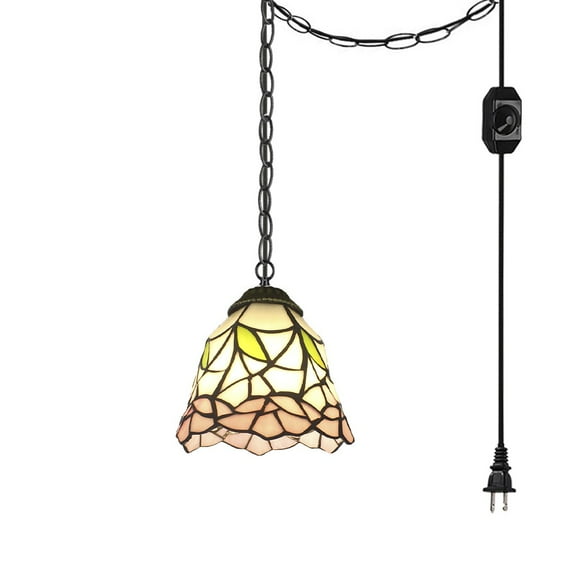 Kiven Plug in Pendant Light,E26 Socket Tiffany Style Hanging Light Fixture with 13ft Iron Chain, Dimmable,1-light