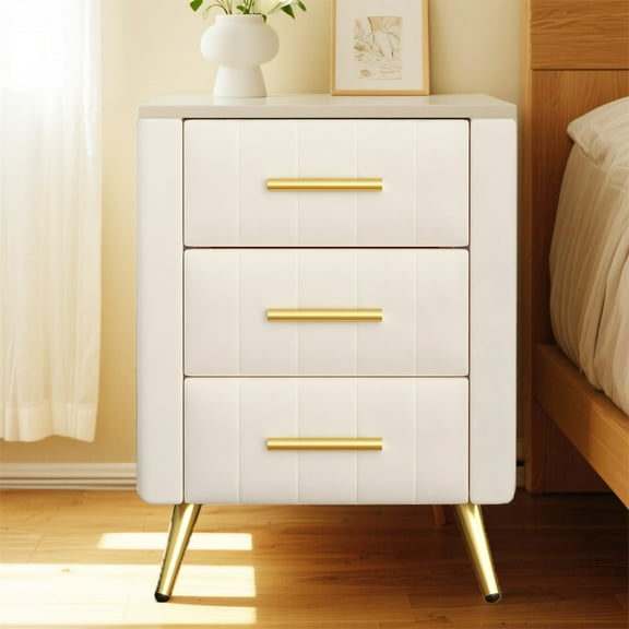 YIYADO Solid wood bedside table, simple bedside cabinet with drawers, bedroom leather cabinet with marble pattern sticker - Beige