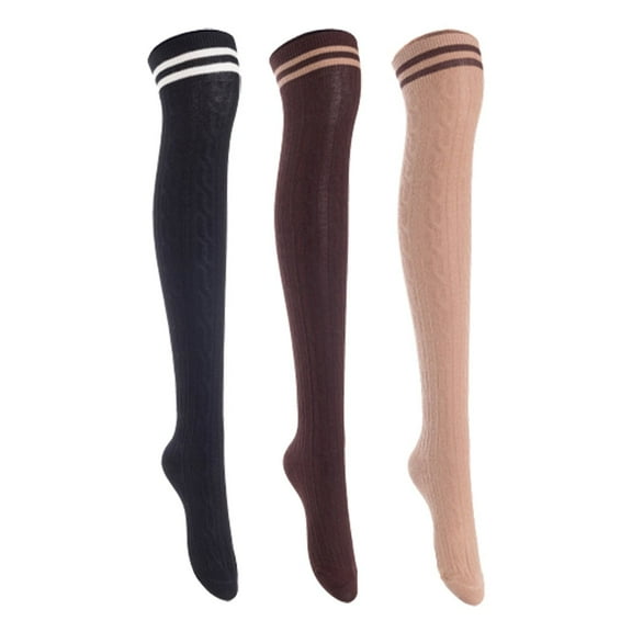 Lian Lifestyle Women's 3 Pairs Incredible Durable Super Soft Unique Over Knee High Thigh High Cotton Socks, Size US 6-9, JMYP1023 Black,Coffee,Khaki
