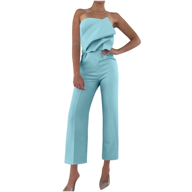Soki Women's Off Shoulder Tube Top Rompers High Waist Long Wide Leg Pants Jumpsuits Open Back High Waist Jumpsuit