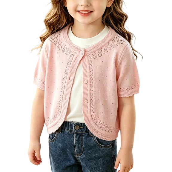Generic Toddler Girls Short Sleeve Bolero Cardigan Sweaters Kids Knit Button Open Front Lettuce Trim Shrug Cropped Cute Sweater Tops