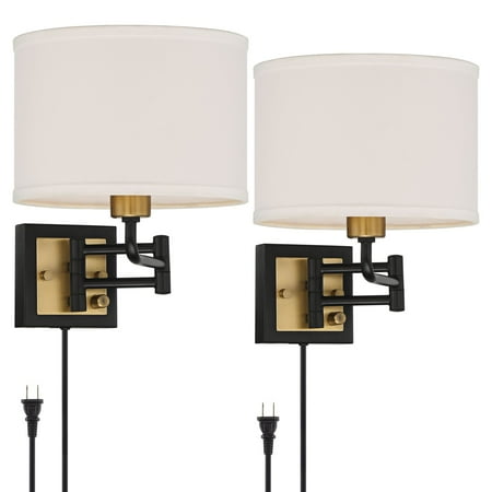 

360 Lighting Modern Swing Arm Wall Lamps Set of 2 Black Brass Plug-In Light Fixture Adjustable Fabric Drum Shade for Bedroom House