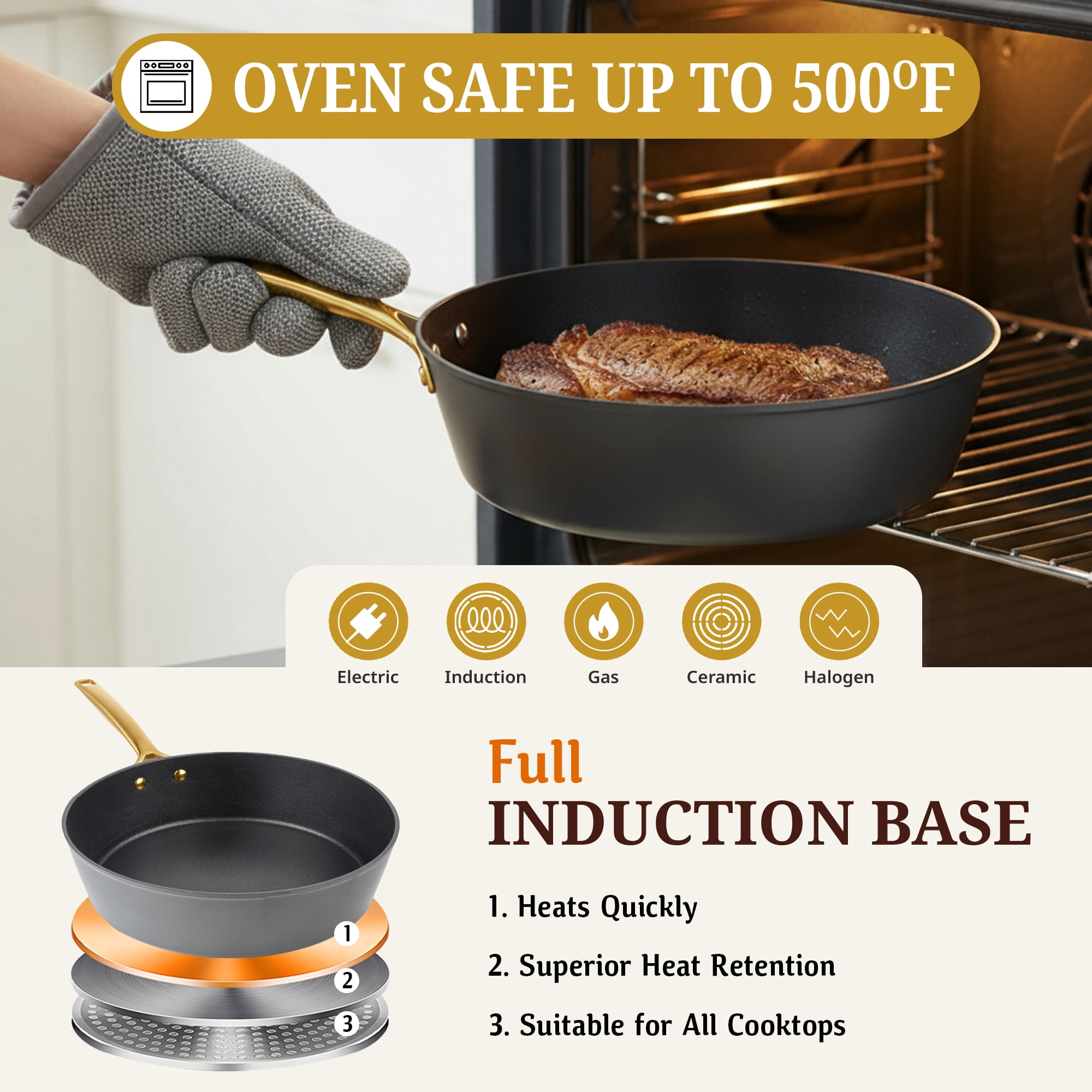 Granitestone Armor Max 11 Inch Frying Pan, Hard Anodized Skillet Non Stick, 4 Quart Saute Pan with Lid, Multipurpose Cooker, Jumbo Cooker NonStick Deep Frying Pan, Skillet, Gold Handles