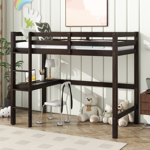 Noble House Aven Twin High Loft Bed with Built-in Desk and Ladder, Rubber Wood Loft Bed, Safety Guardrail, Espresso