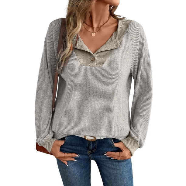 Camisetas de Larga de Moda de Otoño para Mujer, Sudaderas con Cuello en V y Botones de Patchwork, Tops Casuales Tipo Pulóver Crema XL